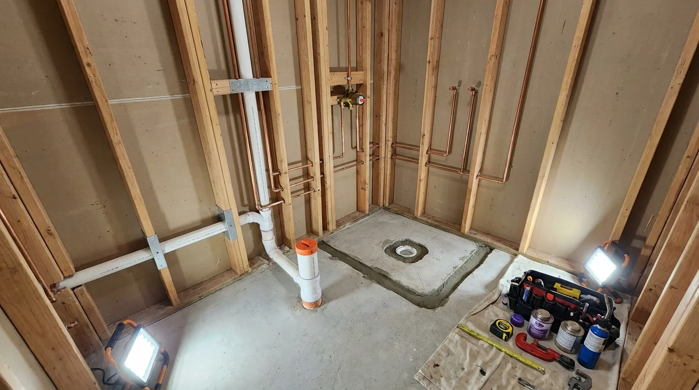 Bathroom rough-in plumbing during remodel by Johns Plumbing LLC in Lansdowne