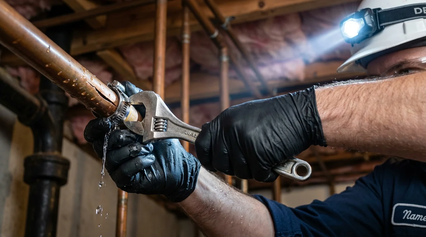 Emergency pipe clamp repair being performed by a Johns Plumbing LLC plumber in Lansdowne