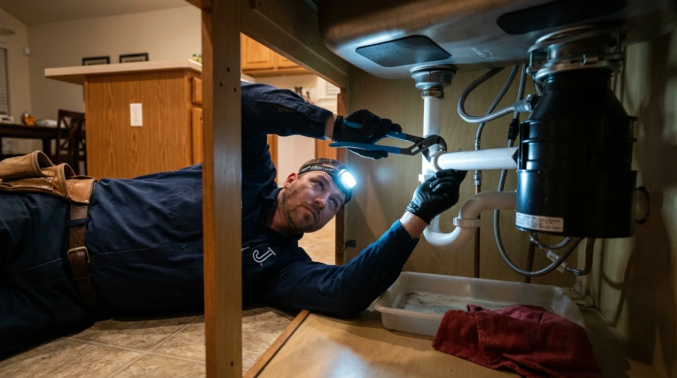 P-trap and supply line connections under a kitchen sink showing a common leak point in Lansdowne, PA